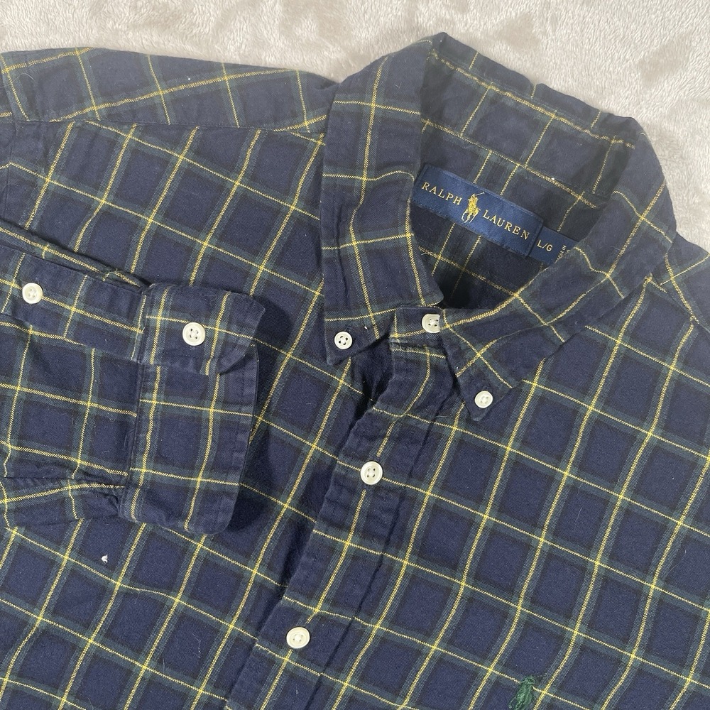 Ralph Lauren 100%‎ Cotton Flannel Check Plaid Navy Blue Shirt Men's Large